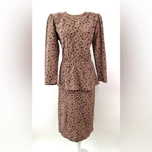 Vintage Floral Vine Print Tan Brown Peplum Dress Size 6
